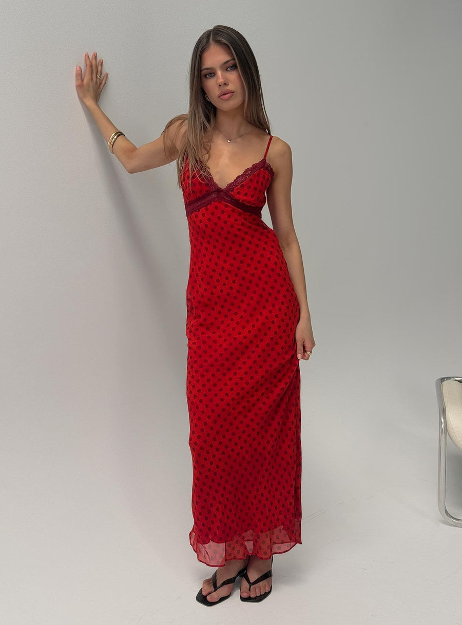 Adasia Lace V Neck Maxi Dress Red Polka Dot · photo 1