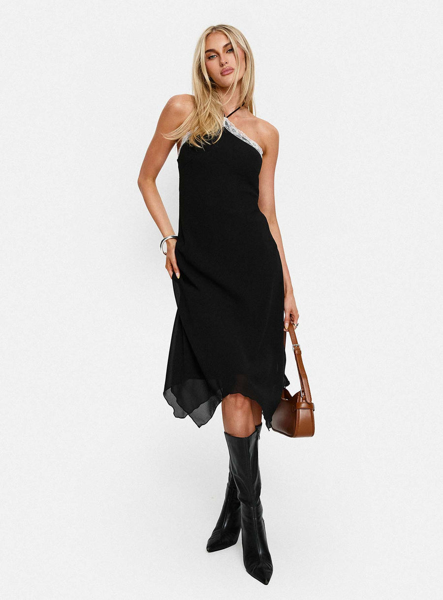 Naila Halter Lace Trim Midi Dress Black · photo 1