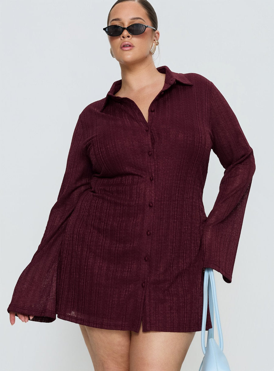 When You Sleep Long Sleeve Mini Dress Wine Curve · photo 1