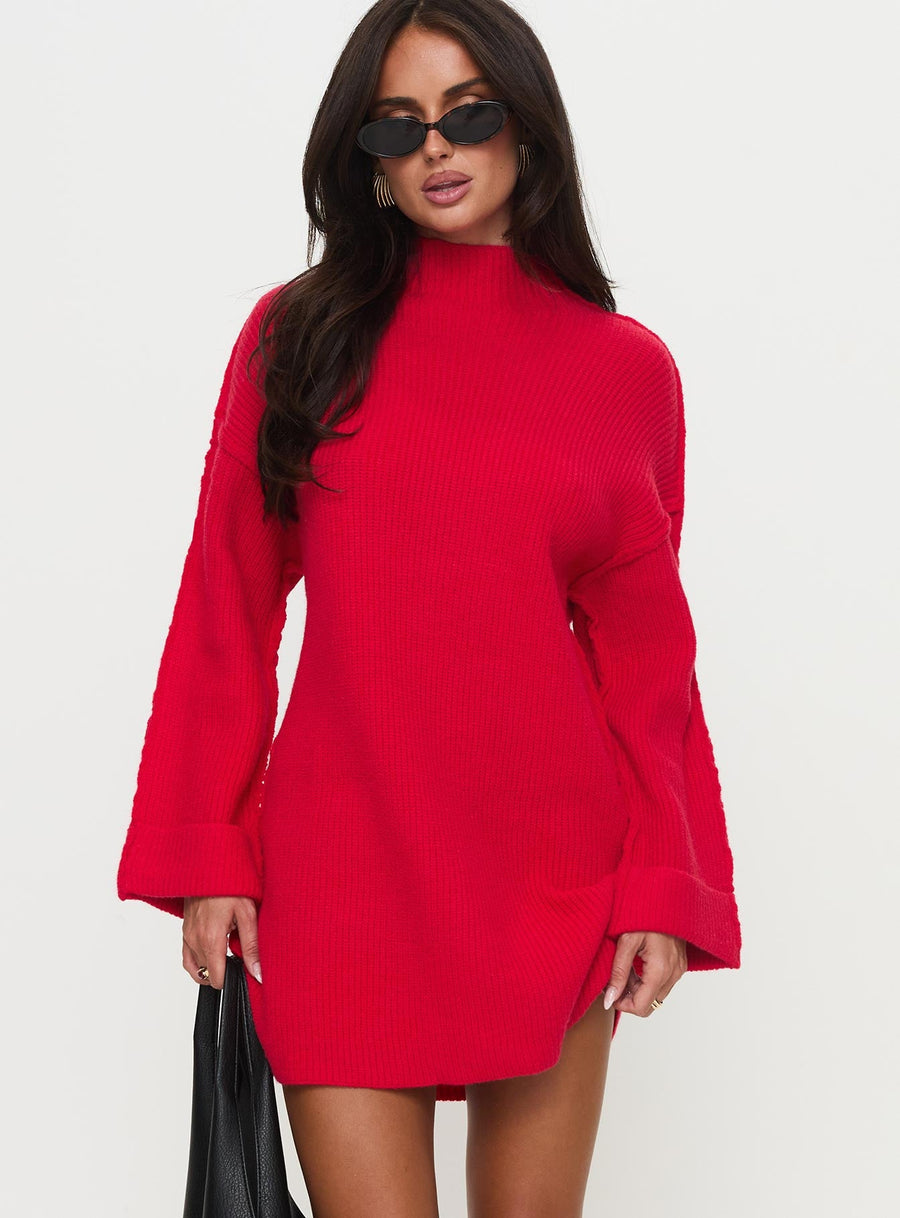 Weslie Long Sleeve Knit Mini Dress Red · photo 1