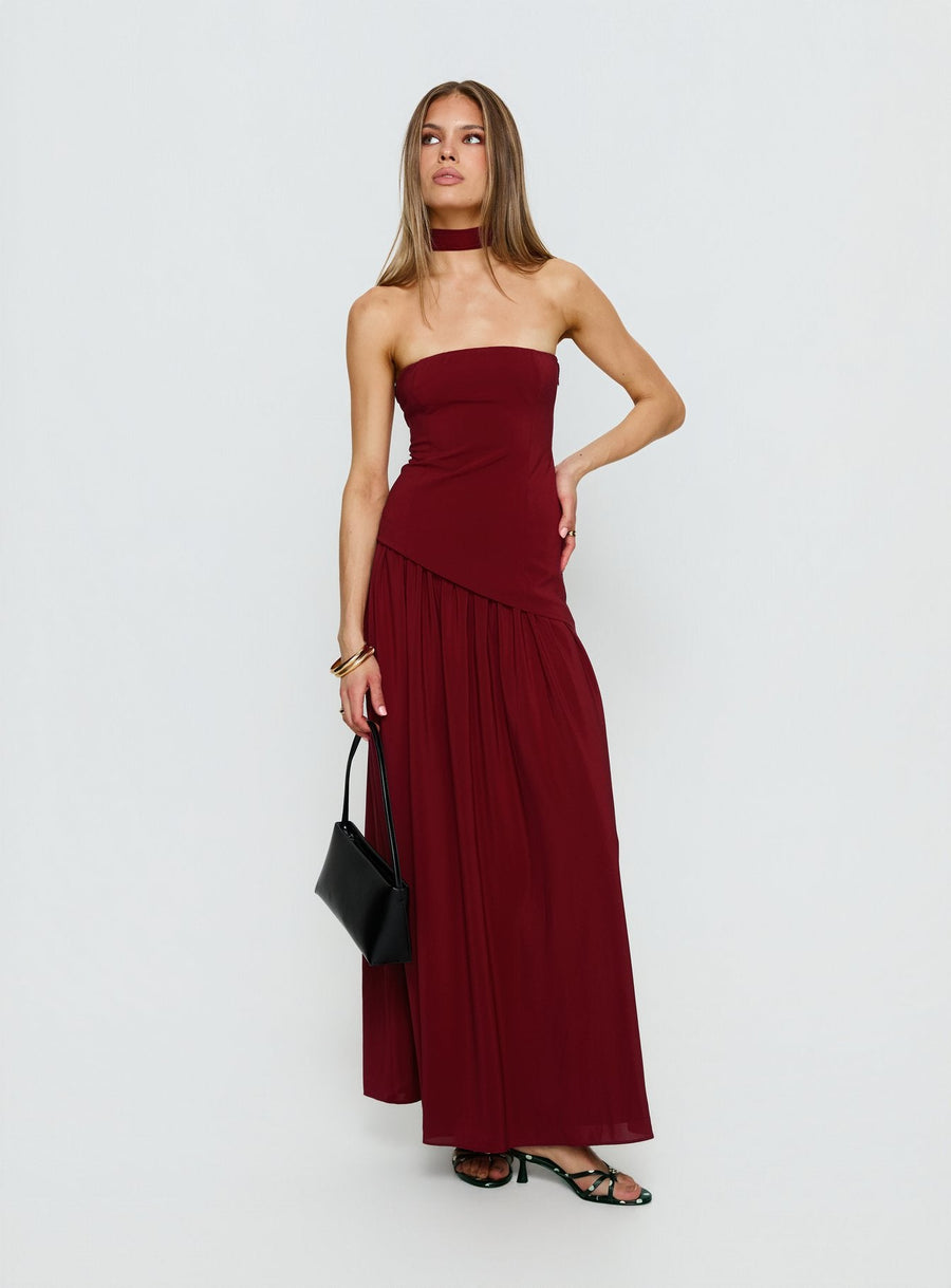 Odela Strapless Scarf Drop Waist Maxi Dress Cherry · photo 2