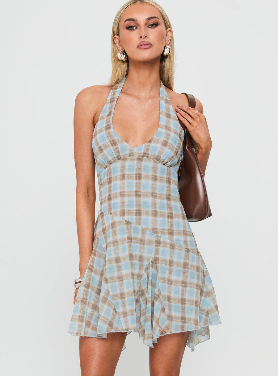 Valorie Halter Mini Dress Blue Check · photo 2