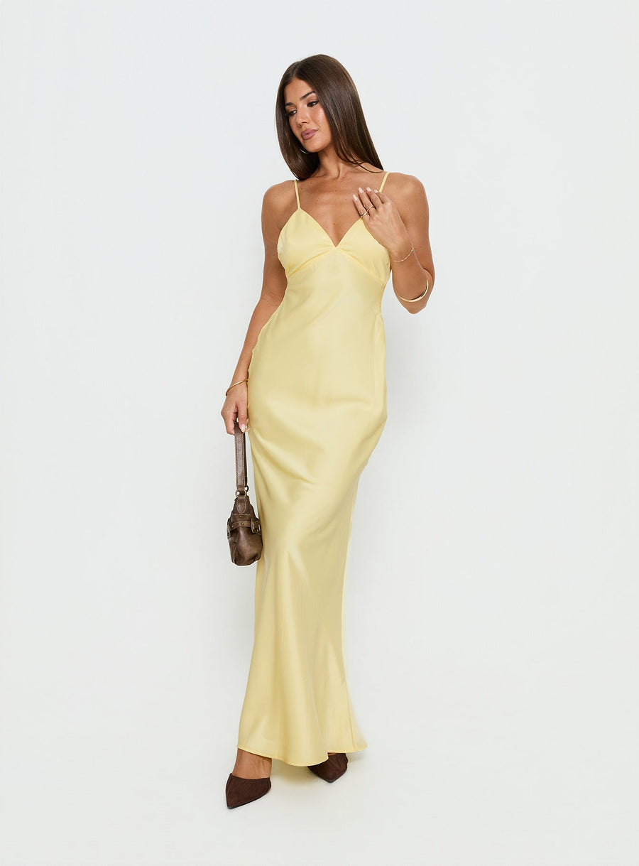 Flip A Switch Satin Lace Slip Maxi Dress Butter · photo 3
