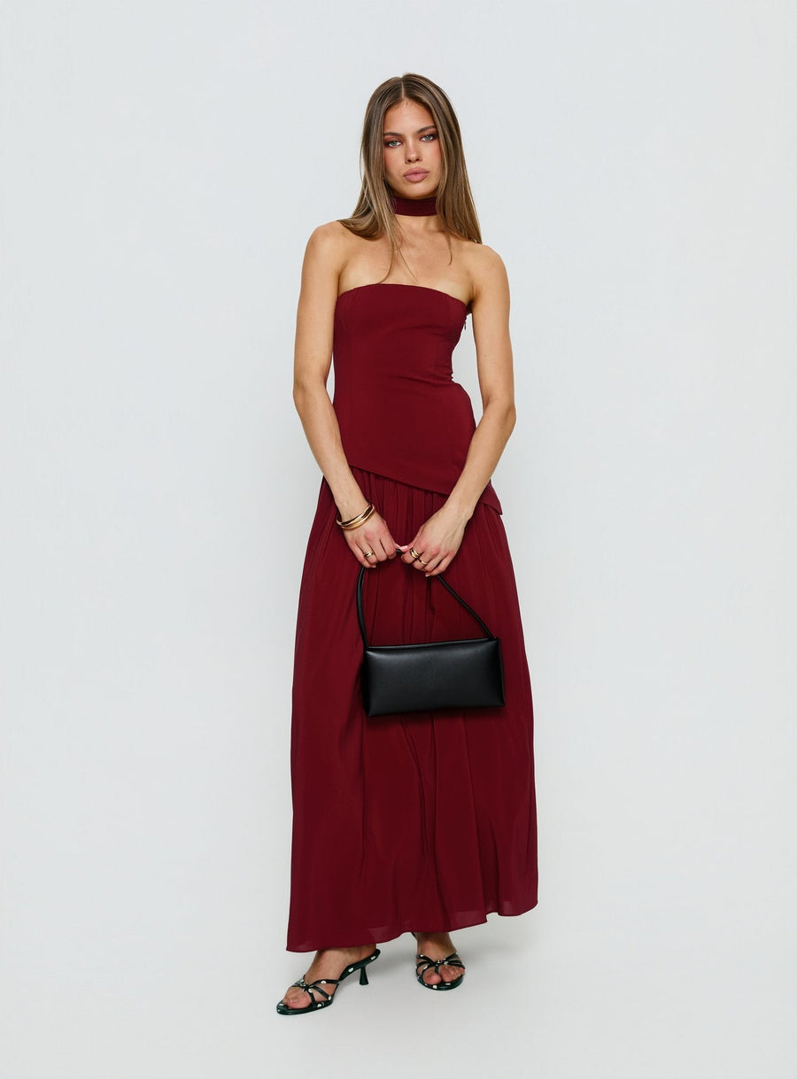 Odela Strapless Scarf Drop Waist Maxi Dress Cherry · photo 3