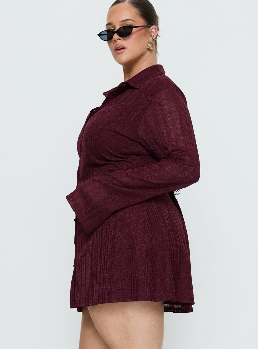 When You Sleep Long Sleeve Mini Dress Wine Curve · photo 3