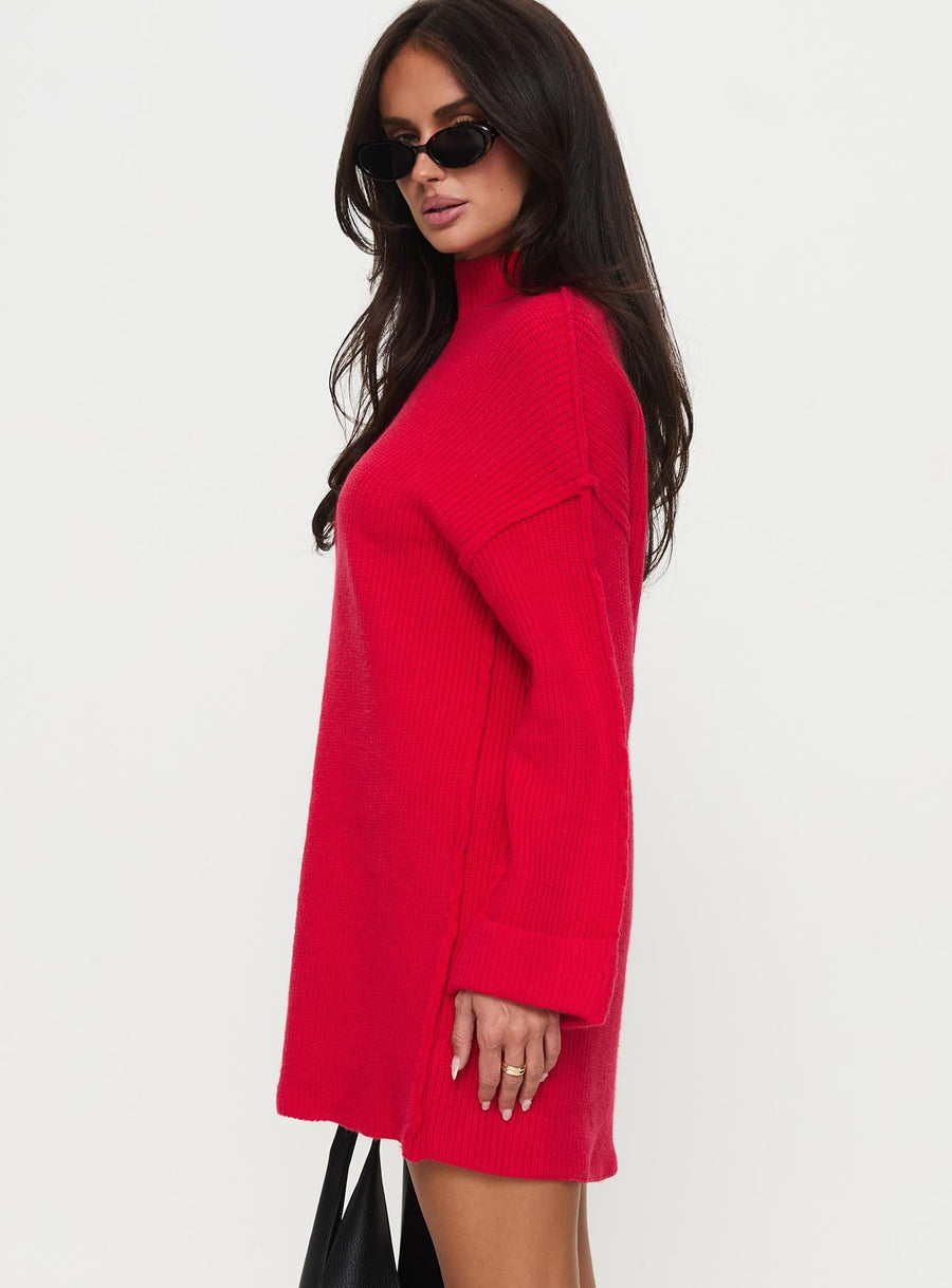 Weslie Long Sleeve Knit Mini Dress Red · photo 3