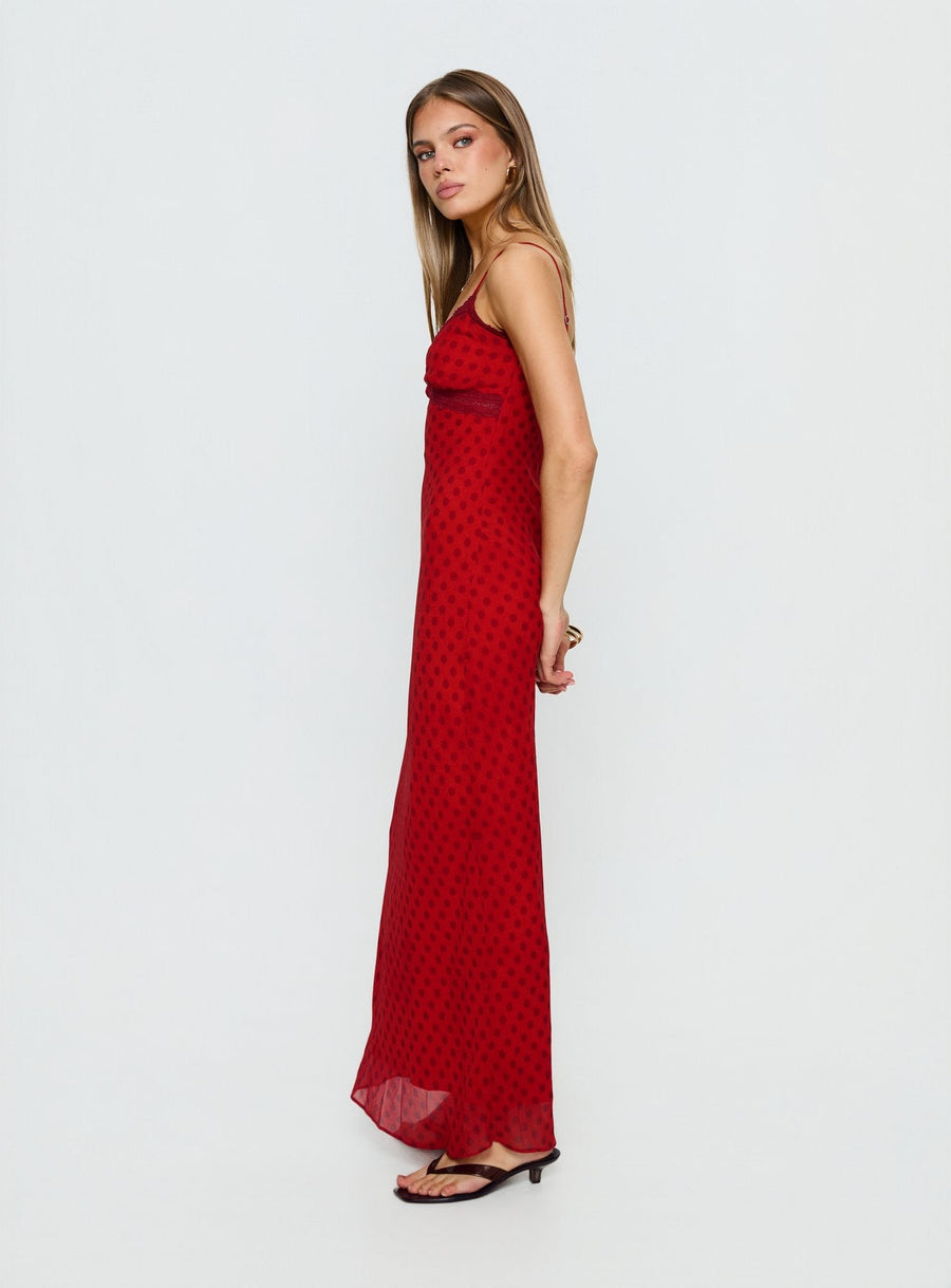 Adasia Lace V Neck Maxi Dress Red Polka Dot · photo 4