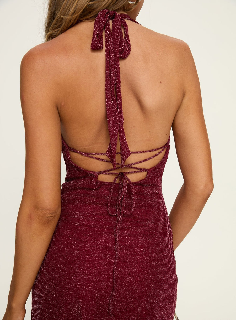 Hypnotise Ruched Halter Mini Dress Burgundy Shimmer · photo 5