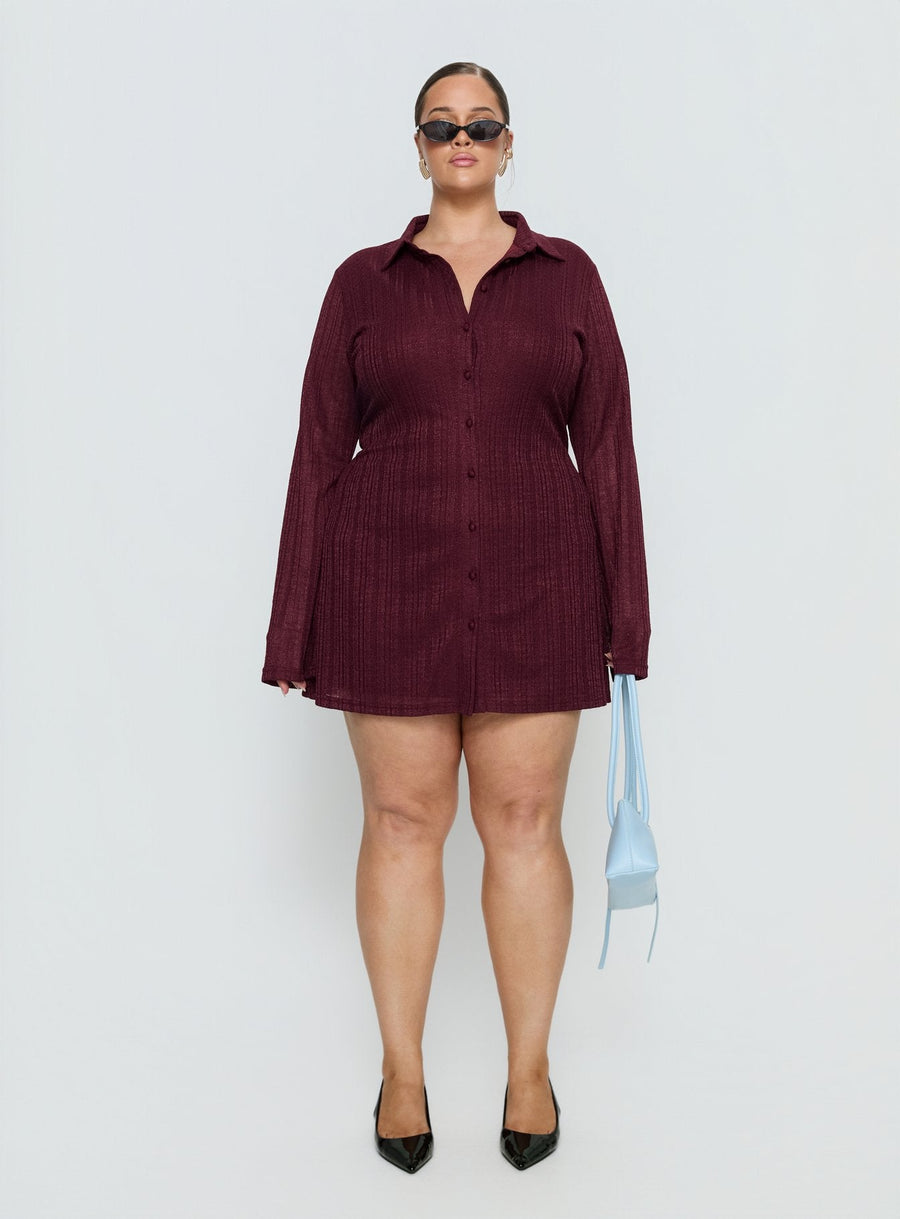 When You Sleep Long Sleeve Mini Dress Wine Curve · photo 6