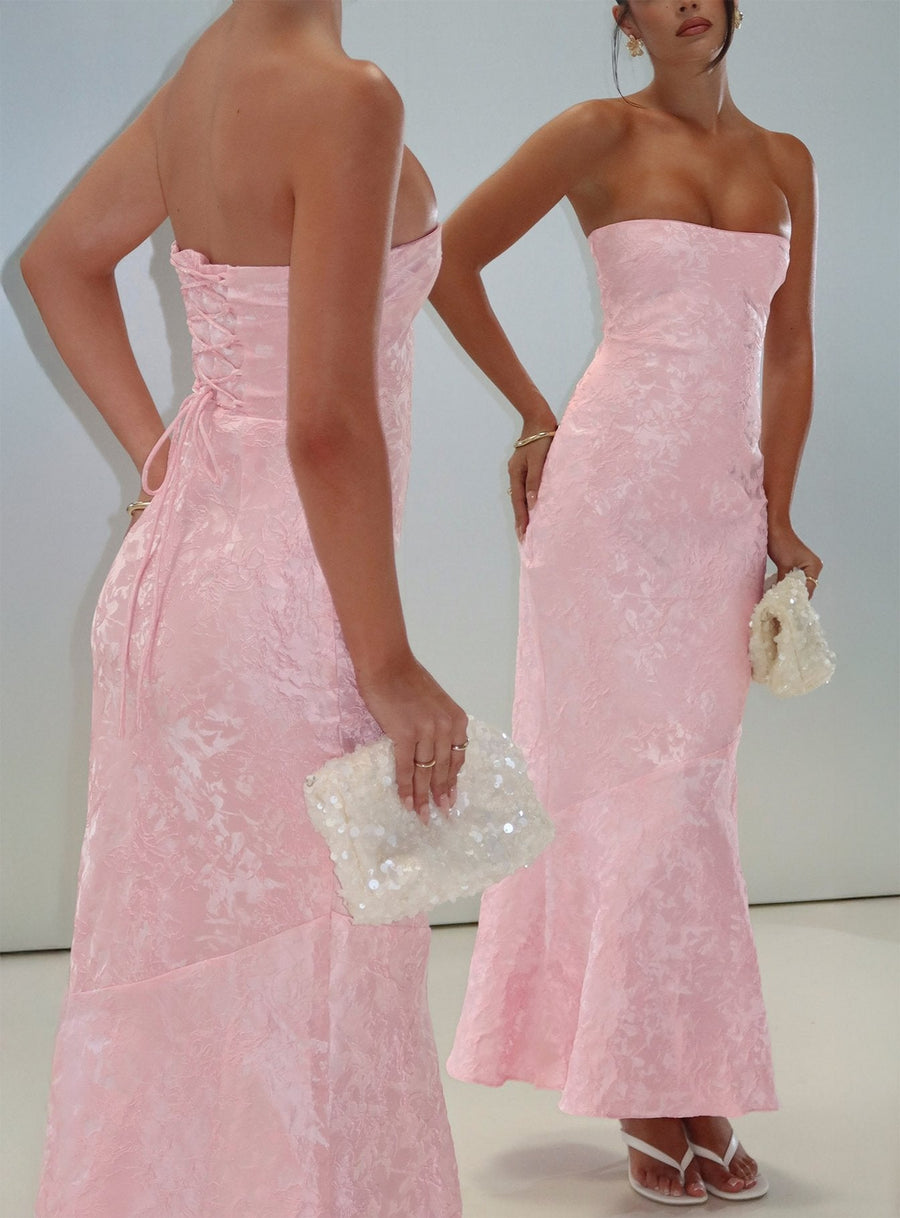 Lips Are Sealed Strapless Lace-Up Back Maxi Dress Pink · photo 10