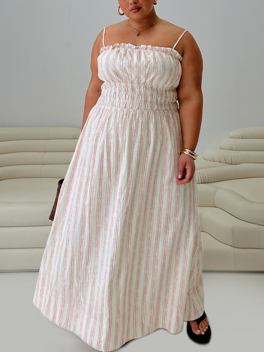Persephone Shirring Linen Maxi Dress Pink Stripe Curve · photo 1