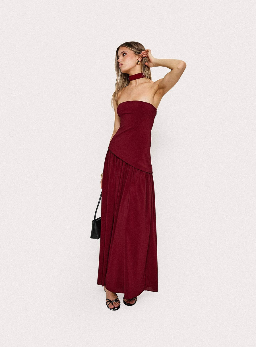 Odela Strapless Scarf Drop Waist Maxi Dress Cherry · photo 1