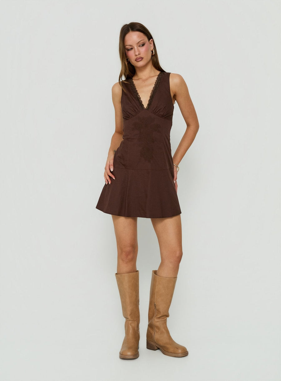 Splashy Lace Trim Mini Dress Chocolate · photo 2