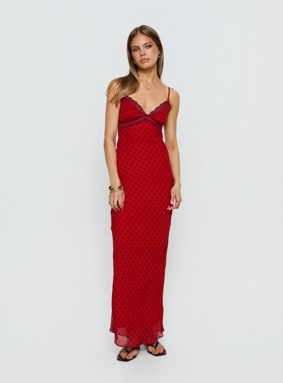Adasia Lace V Neck Maxi Dress Red Polka Dot · photo 2