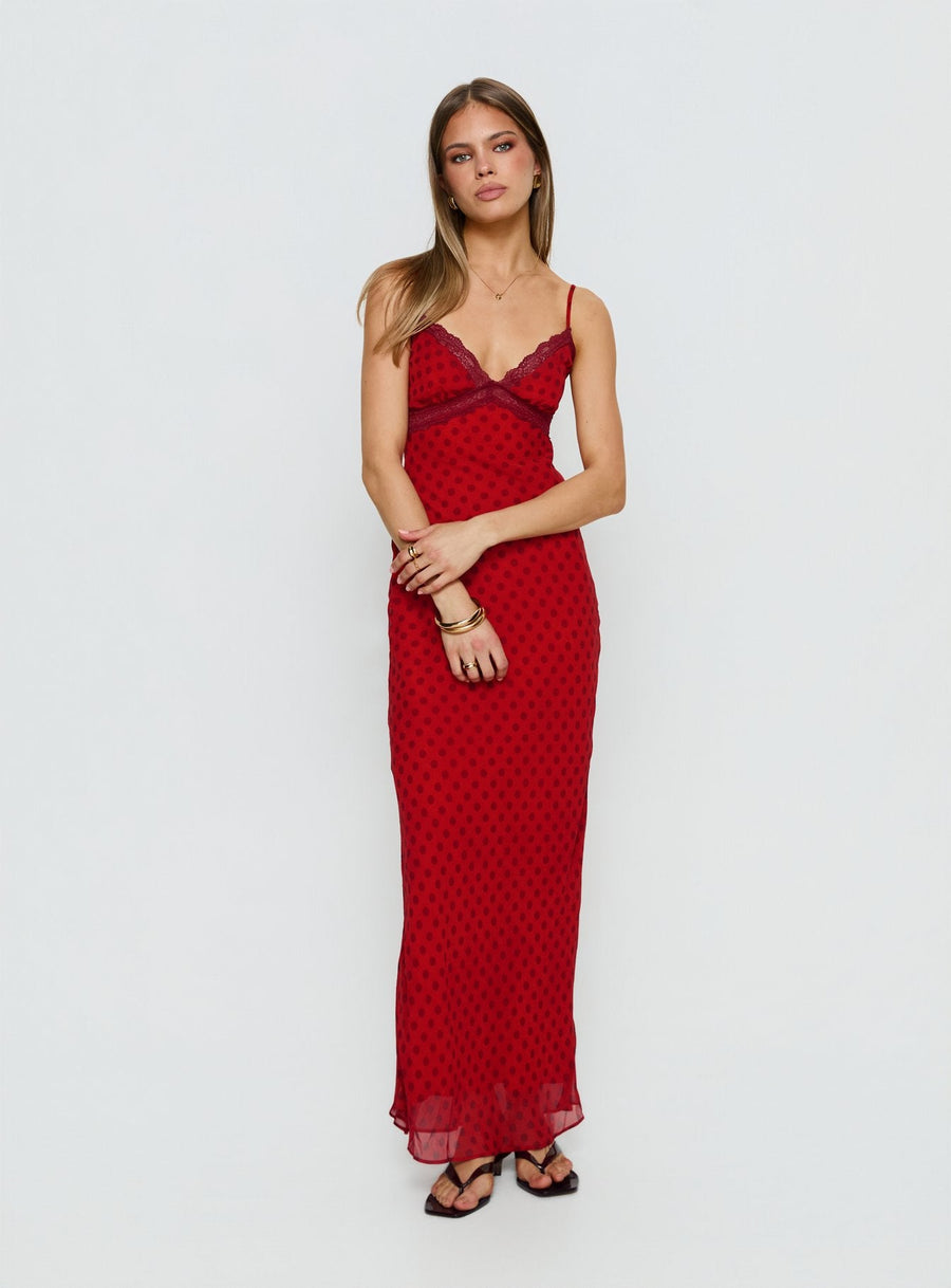 Adasia Lace V Neck Maxi Dress Red Polka Dot · photo 3