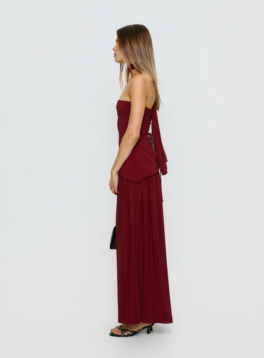 Odela Strapless Scarf Drop Waist Maxi Dress Cherry · photo 4
