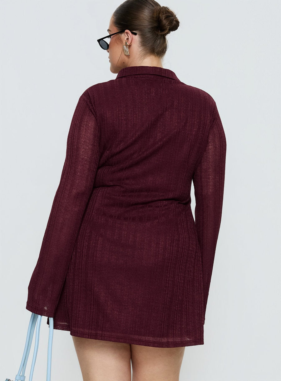 When You Sleep Long Sleeve Mini Dress Wine Curve · photo 4