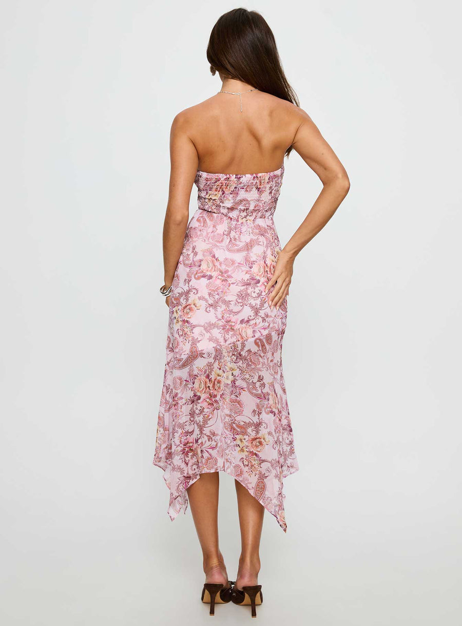 Coralis Strapless Asymmetrical Midi Dress Pink Paisley · photo 5