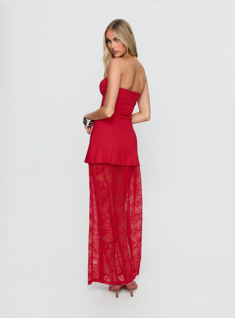 Aleda Sheer Lace Detail Strapless Maxi Dress Red · photo 5