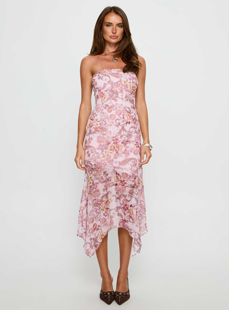 Coralis Strapless Asymmetrical Midi Dress Pink Paisley · photo 7