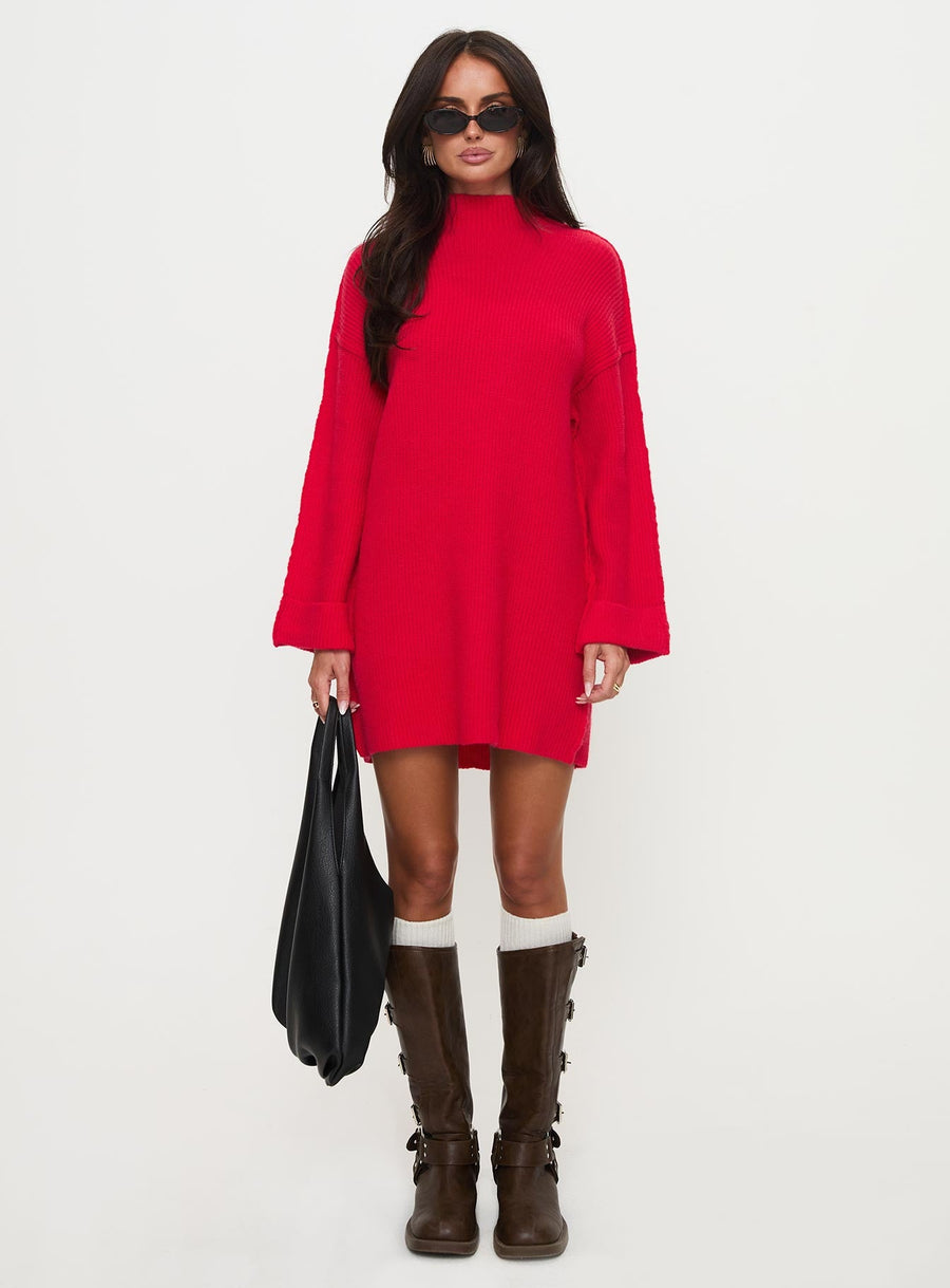 Weslie Long Sleeve Knit Mini Dress Red · photo 6
