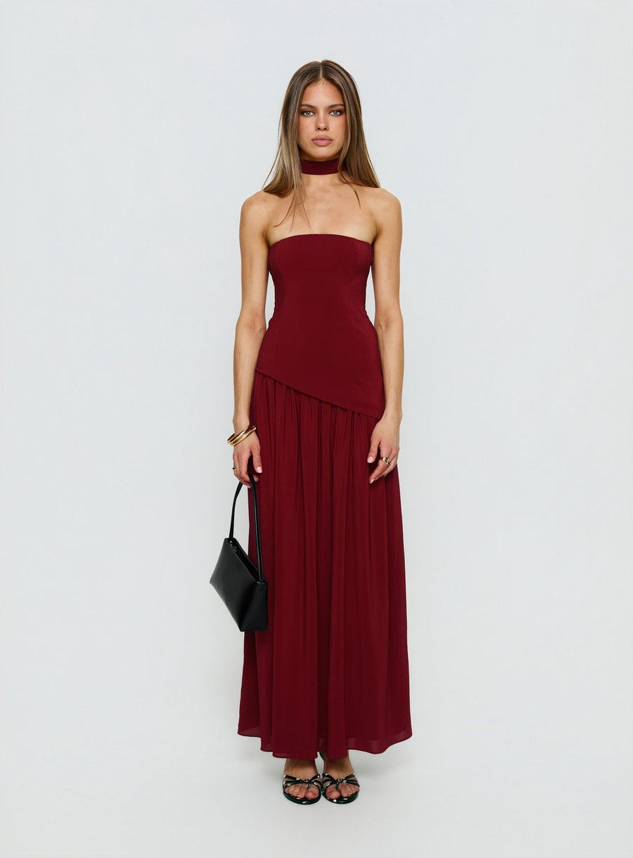 Odela Strapless Scarf Drop Waist Maxi Dress Cherry · photo 7