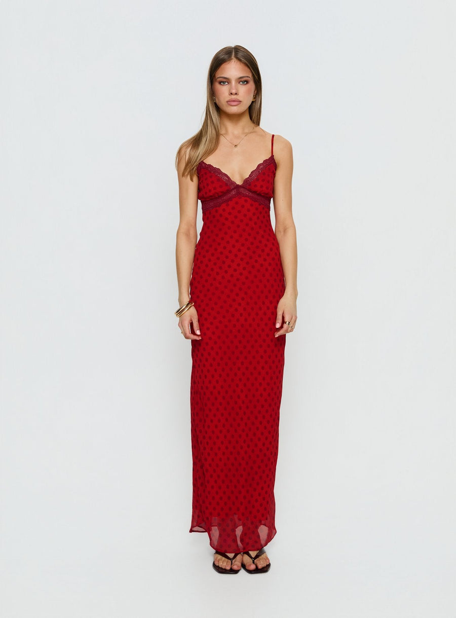 Adasia Lace V Neck Maxi Dress Red Polka Dot · photo 7