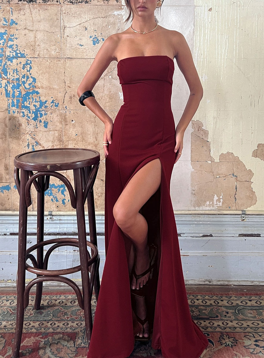 Diamanti Strapless High Slit Maxi Dress Burgundy · photo 8